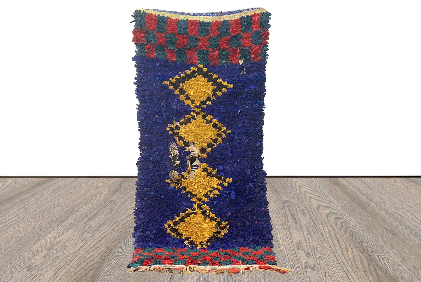 3x7 Boucherouite Narrow vintage runner Rugs, Moroccan Handwoven Recycled Materials Rug.