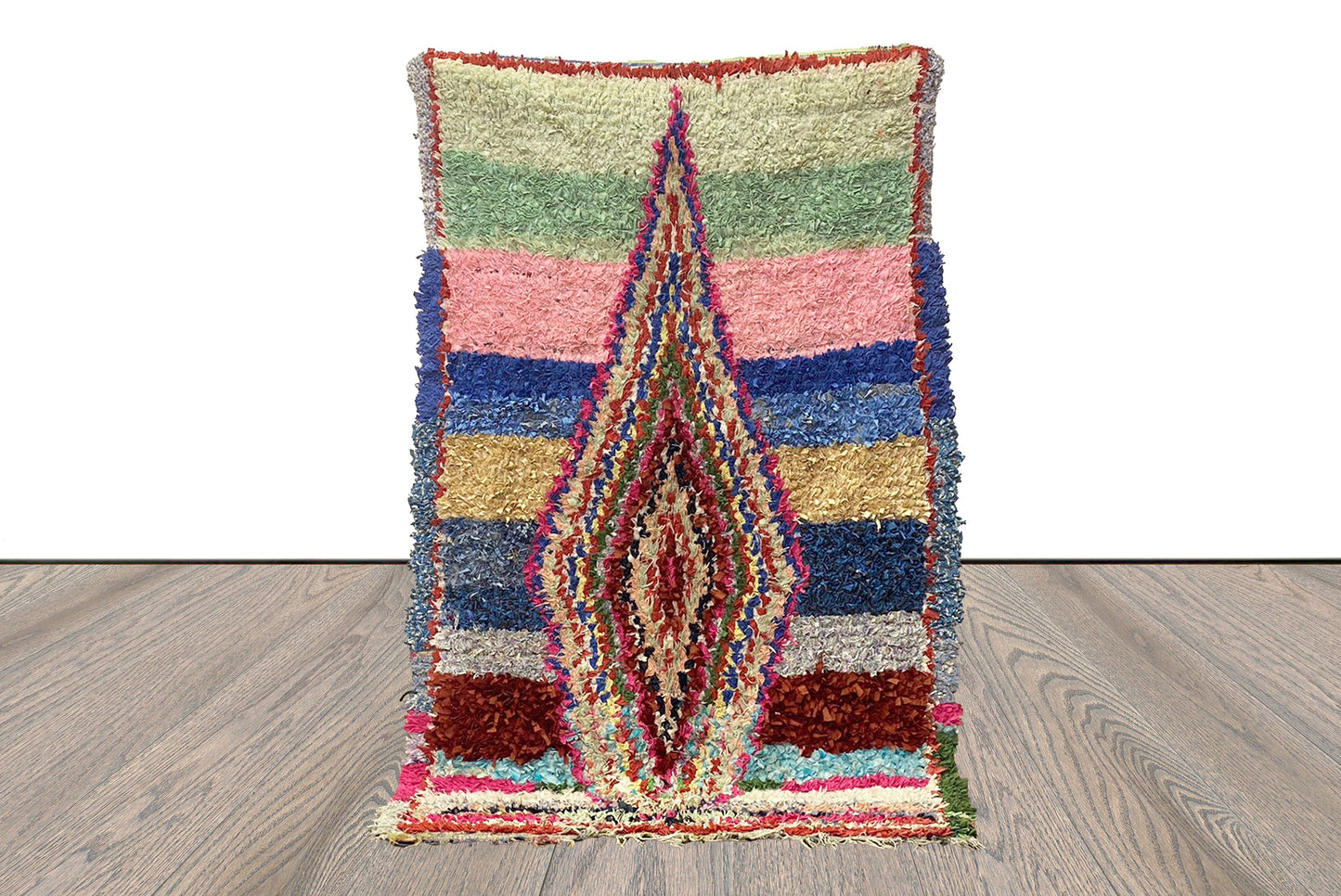 Small area Boucherouite Rugs, 3x6 Moroccan Berber Hand Woven vintage Shag Rug.