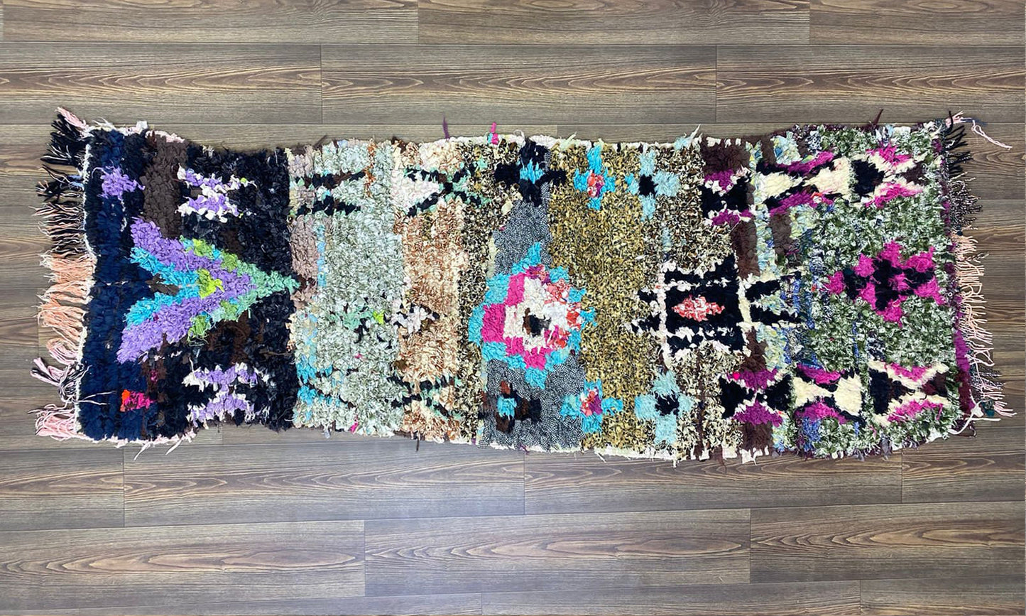 3x8 Moroccan Handwoven Vintage Boucherouite narrow runner Rug.