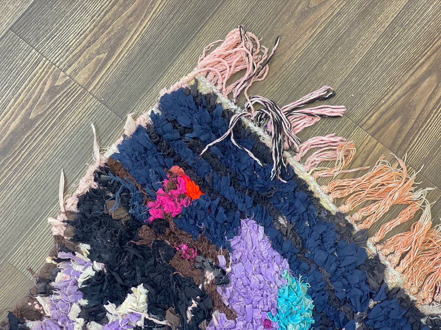 3x8 Moroccan Handwoven Vintage Boucherouite narrow runner Rug.