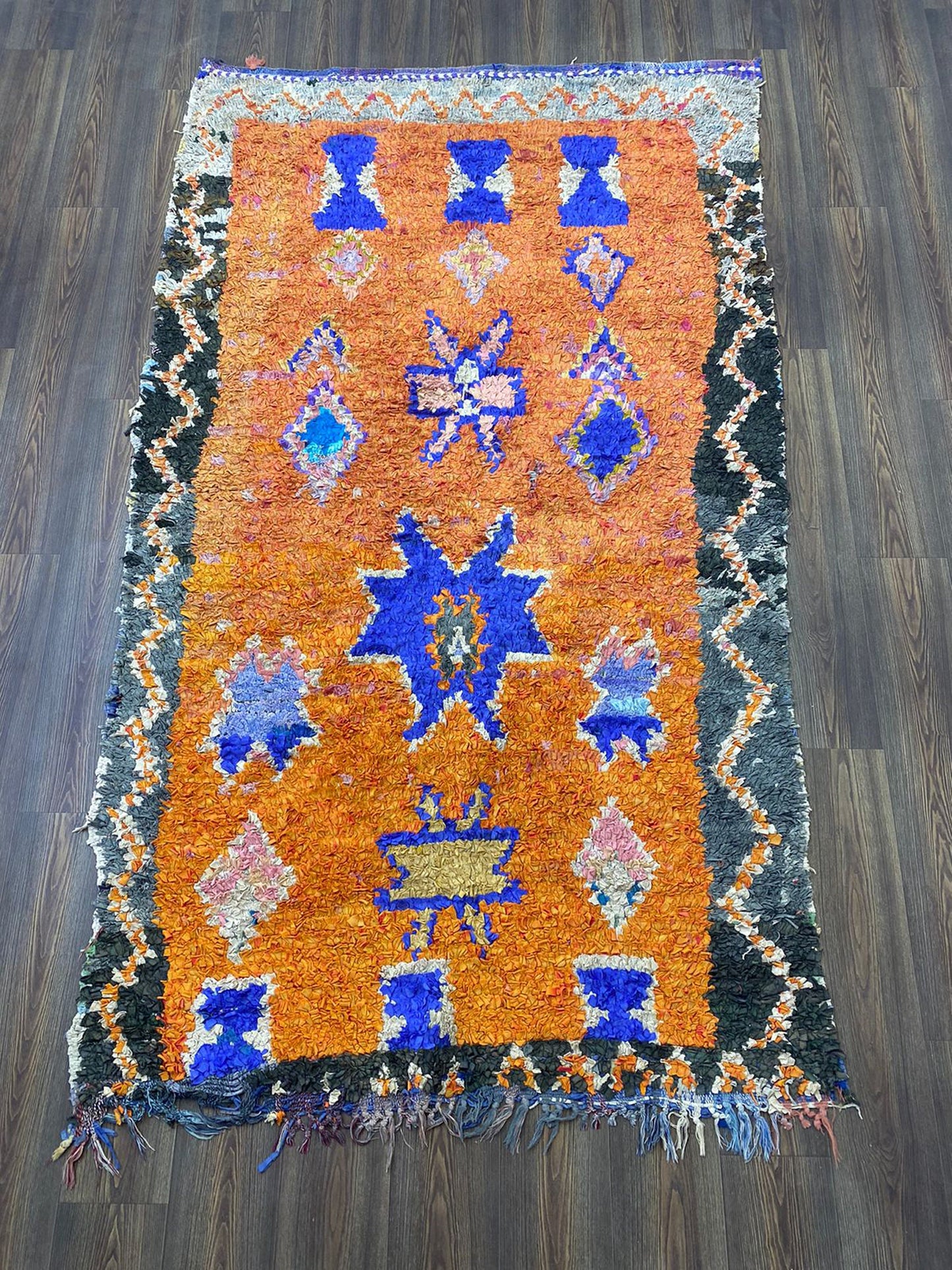 5 By 9 Boucherouite vintage Handwoven large Carpet Orange Moroccan.