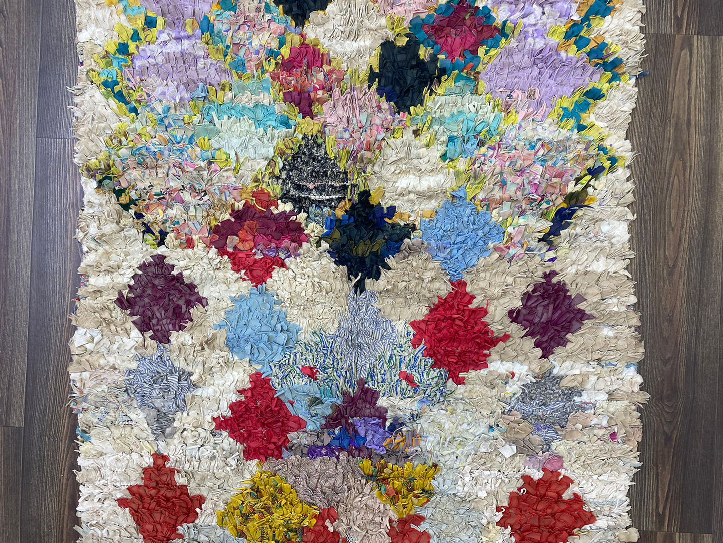 3x6 Boucherouite vintage used Berber Moroccan woven colored Diamond Small area Rug.