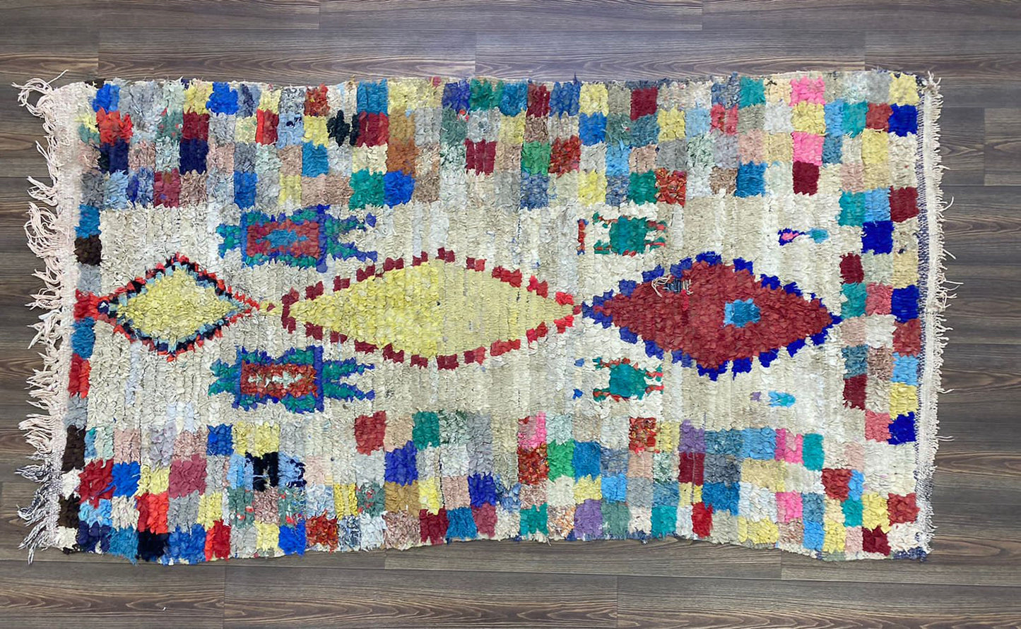 Boucherouite Moroccan Vintage Rare old woven colored Rug, 4x8 Large area Rugs.