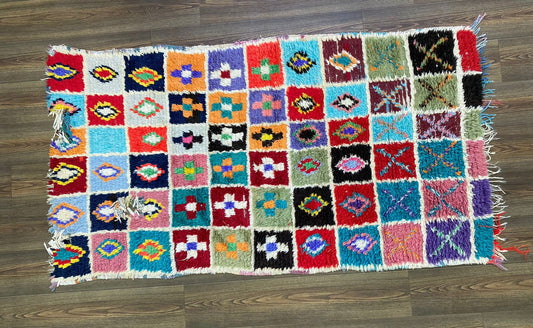 Vintage Small area Rugs, 4x7 Moroccan Rare Old woven Grid Colored Rug.