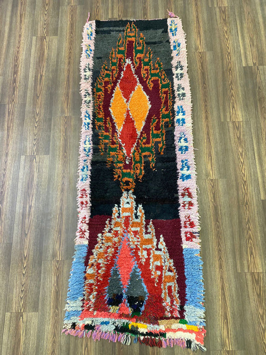 Handwoven Berber Moroccan Narrow Rugs, 3x7 colorful Vintage Shag runner Rug.