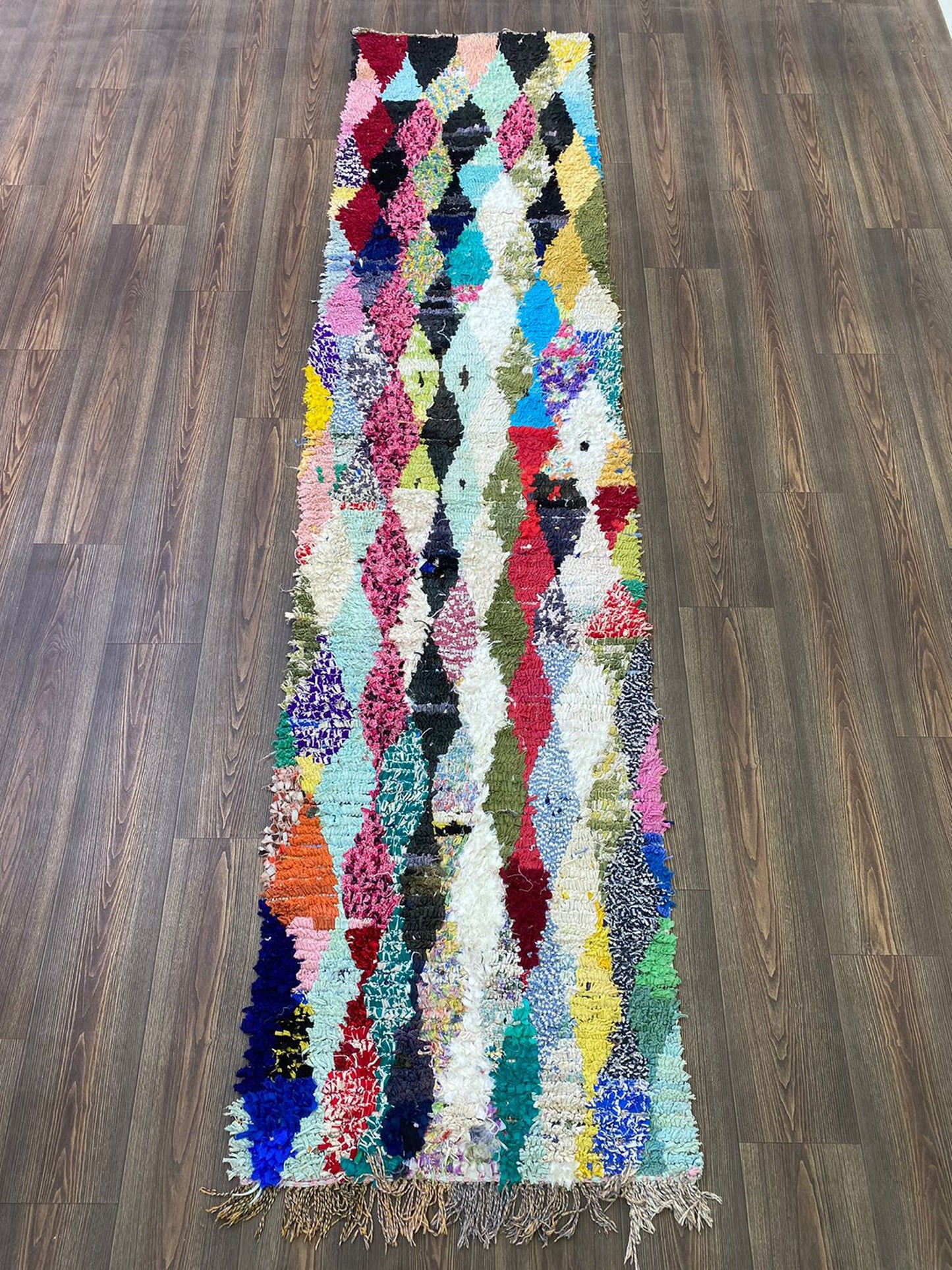 2x10 Hand Woven long Narrow Boucherouite runner Rugs, Moroccan Berber vintage Diamond Colored Rug.