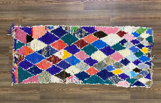 Moroccan Vintage Boucherouite narrow small runner rugs, 3x5 FT, Handwoven Berber Colorful Rugs.