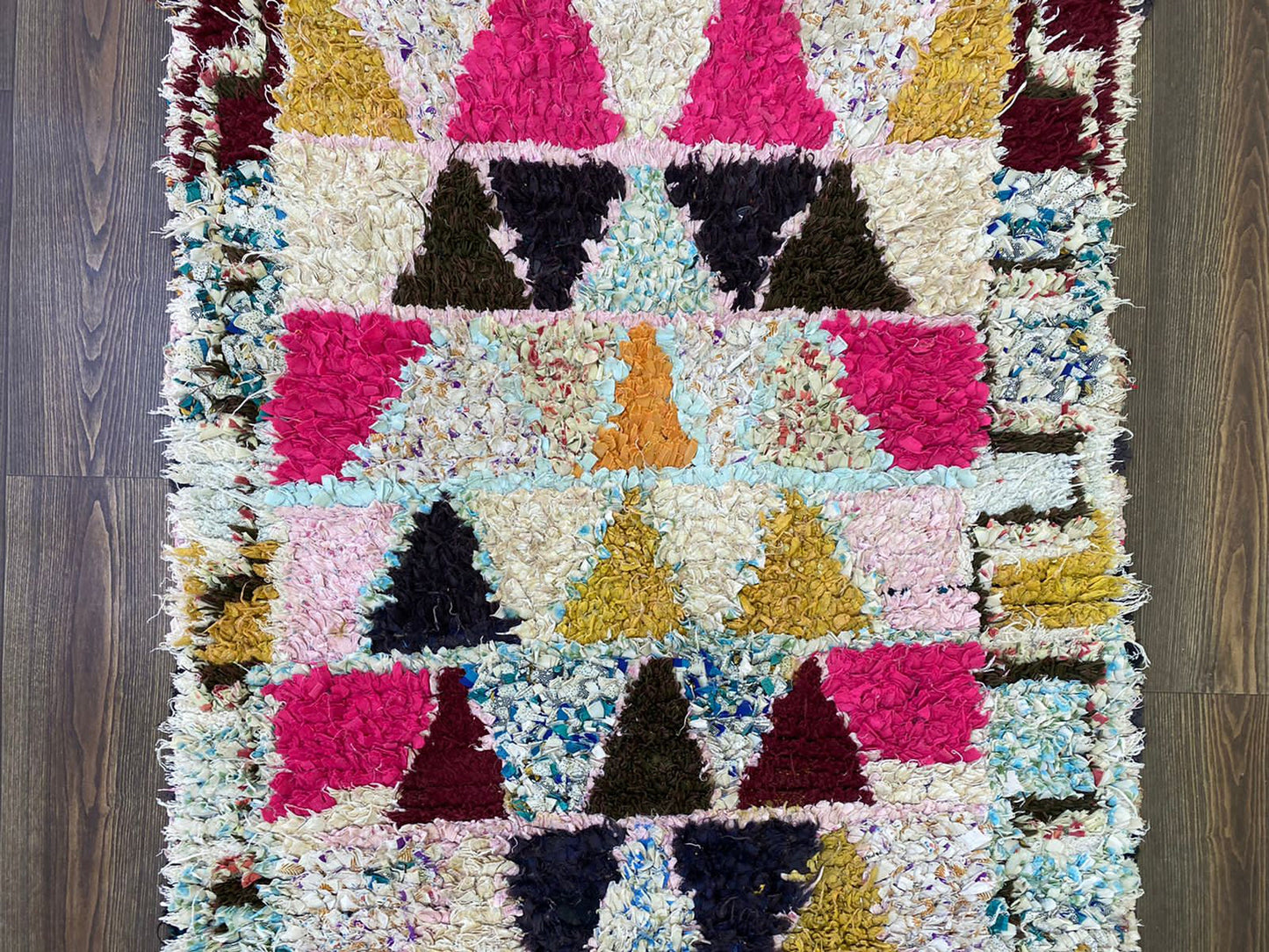 Runner Boucherouite vintage rug, 3x7 FT, Berber Moroccan Handwoven unique colored Rug.