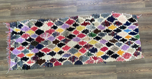 Tapis berbère marocain Boucherouite étroit 2 par 6, tapis berbères uniques vintage.