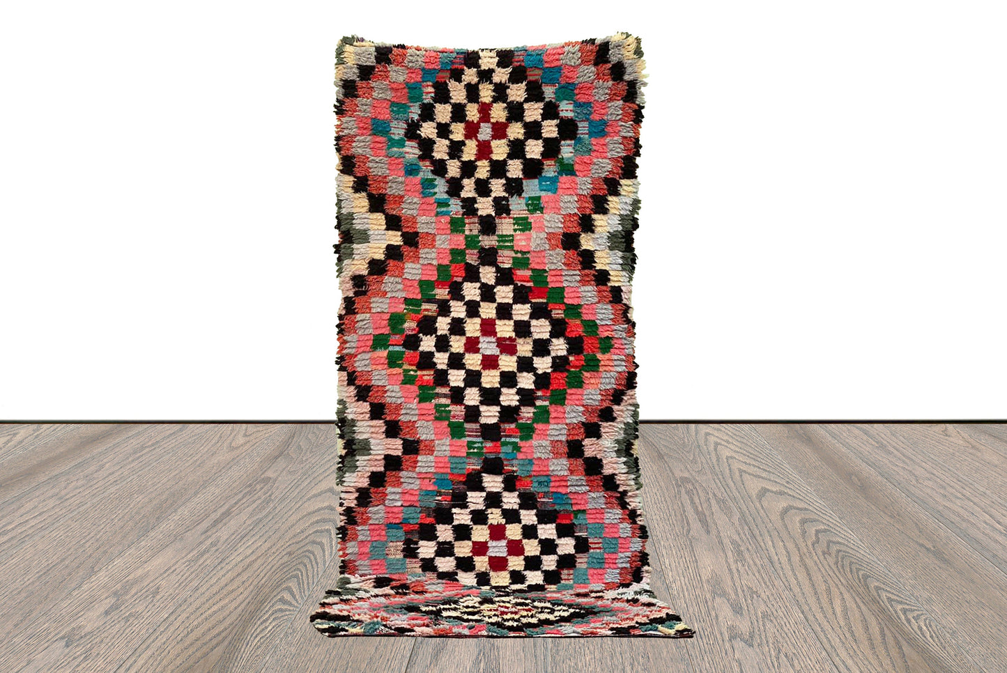 Checkerboard Chevron Moroccan long runner Rugs. 4x10 Colorful woven Vintage Berber Rug.