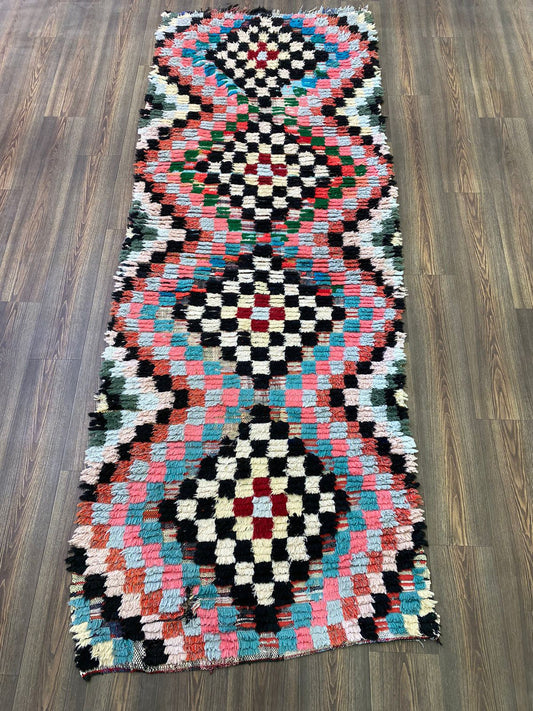 Checkerboard Chevron Moroccan long runner Rugs. 4x10 Colorful woven Vintage Berber Rug.