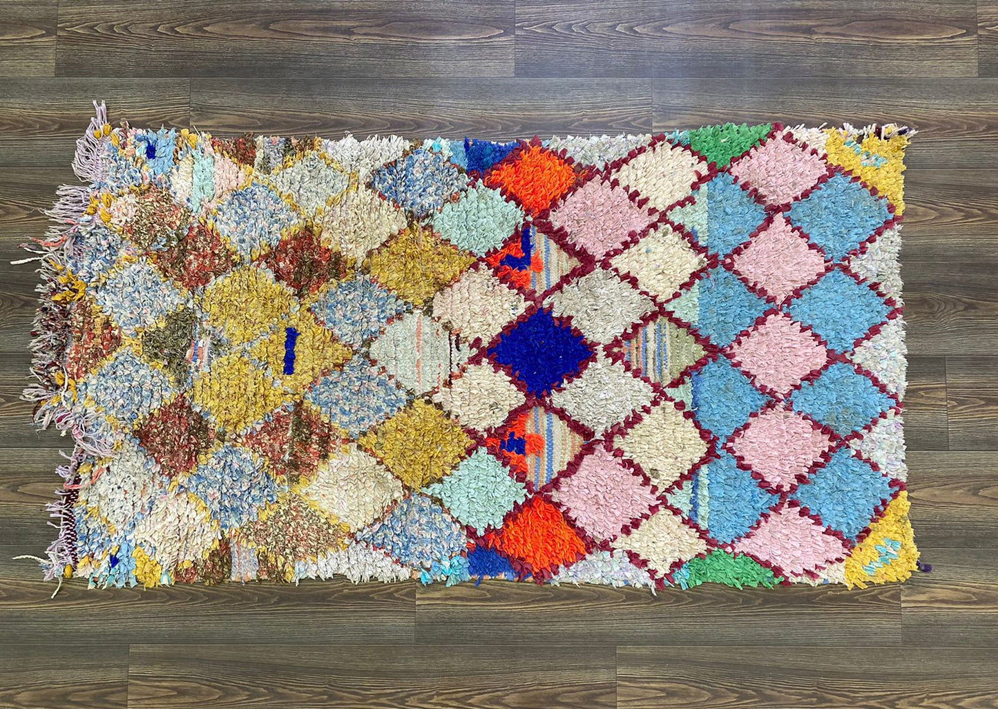 3 By 6 Boucherouite vintage Moroccan small Runner rugs, Berber Handwoven unique Diamond colored Rug.