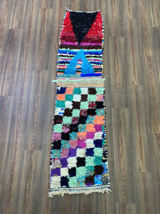 Tapis Boucherouite à carreaux vintage 2x8, tapis shag berbère marocain coloré.