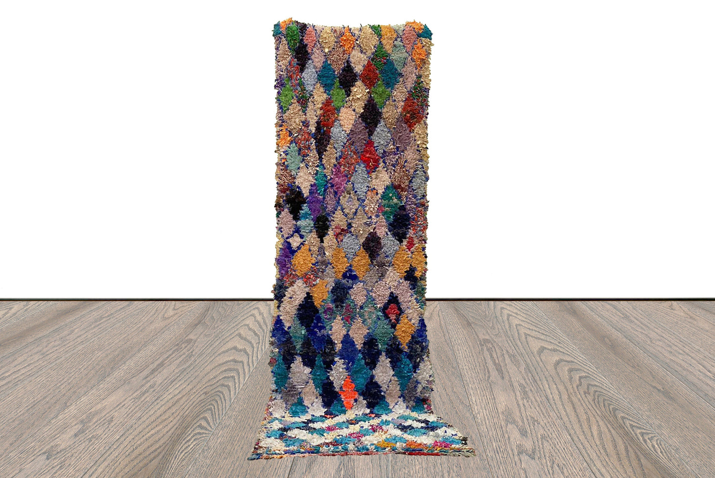 Moroccan Berber vintage Diamond Colored Rug. 2x10 Hand Woven Boucherouite long runner Rugs.