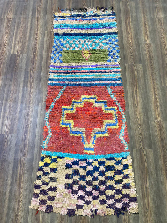 3x8 Boucherouite rug, Moroccan runner vintage Rugs, Berber shag Rug.