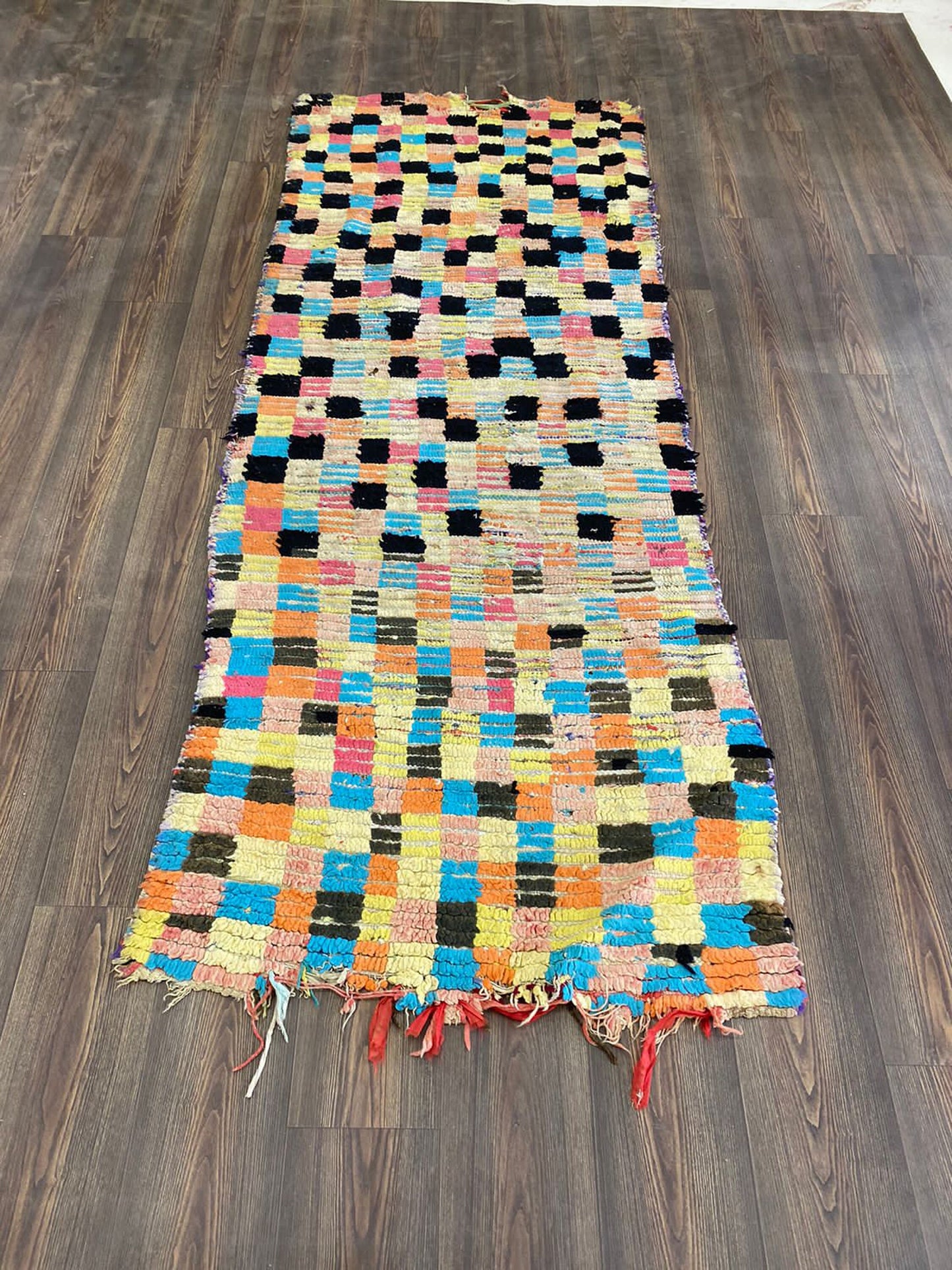 vintage checkered colorful Rug, 3x8 Moroccan Berber runner Rugs.