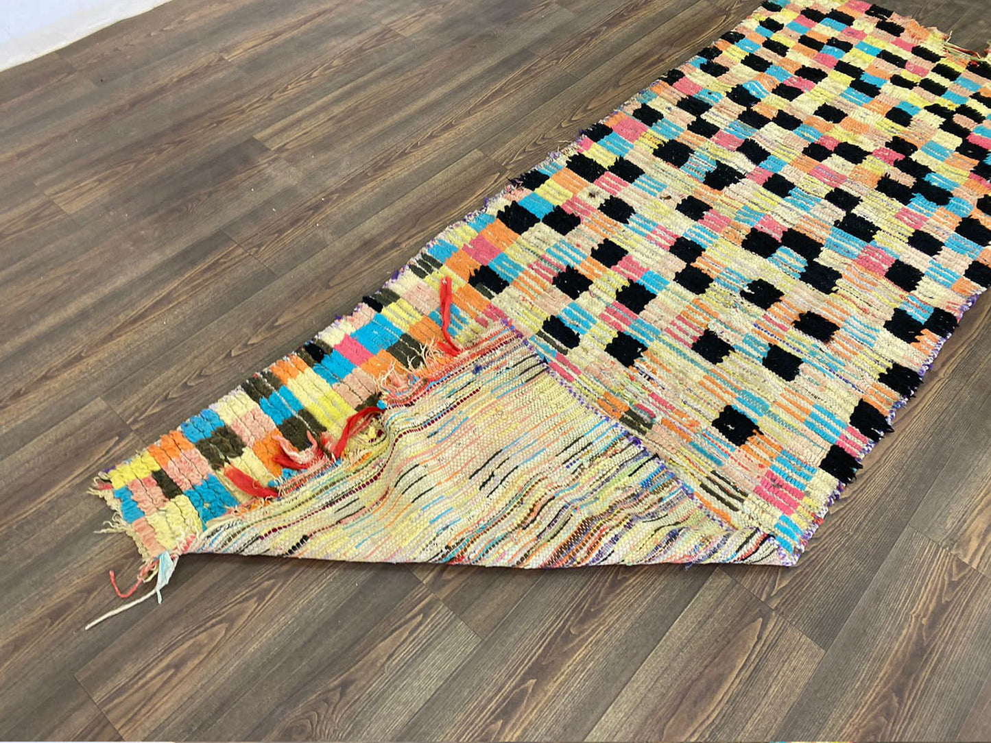 vintage checkered colorful Rug, 3x8 Moroccan Berber runner Rugs.