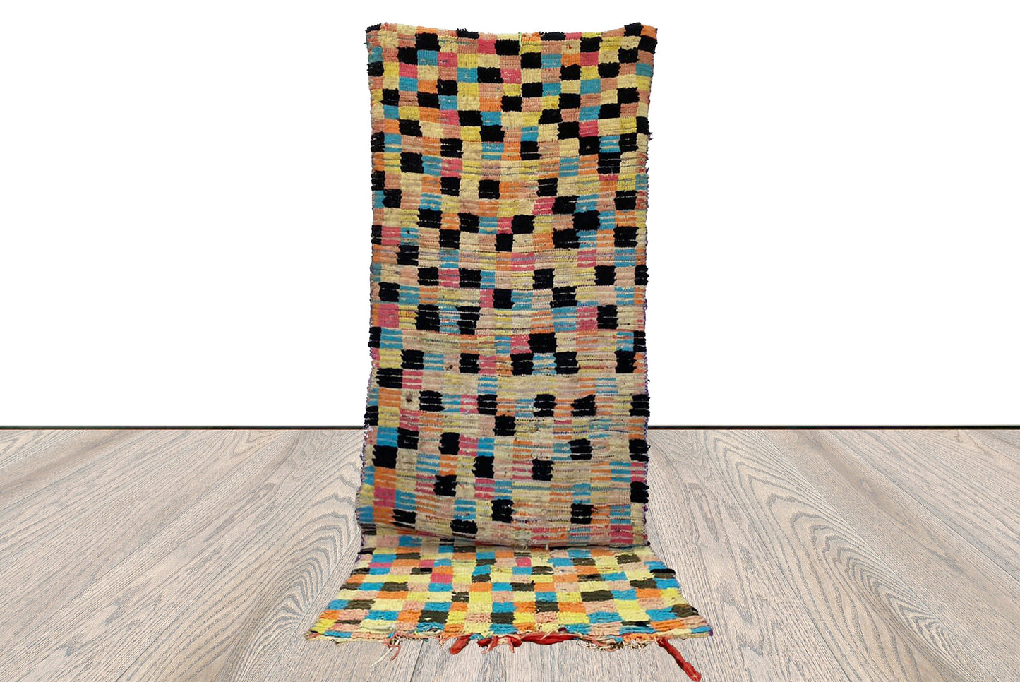 vintage checkered colorful Rug, 3x8 Moroccan Berber runner Rugs.