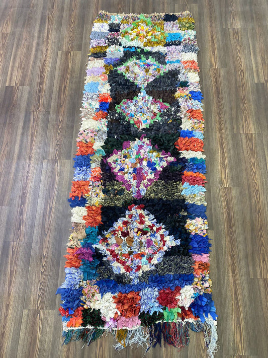 Boucherouite woven colorful runner Rugs, Moroccan Berber Diamond Rug 3 By 8.