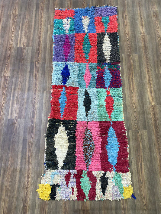 3x8 Boucherouite runner Rugs, Moroccan Berber Hand Woven vintage Colored Rug.