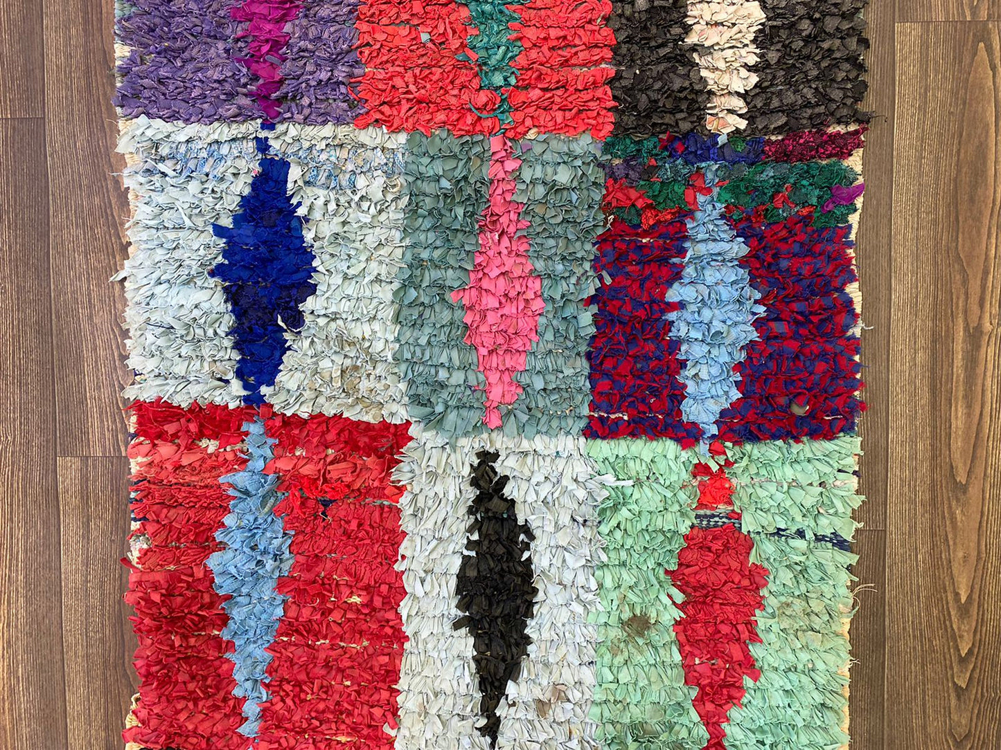 3x8 Boucherouite runner Rugs, Moroccan Berber Hand Woven vintage Colored Rug.