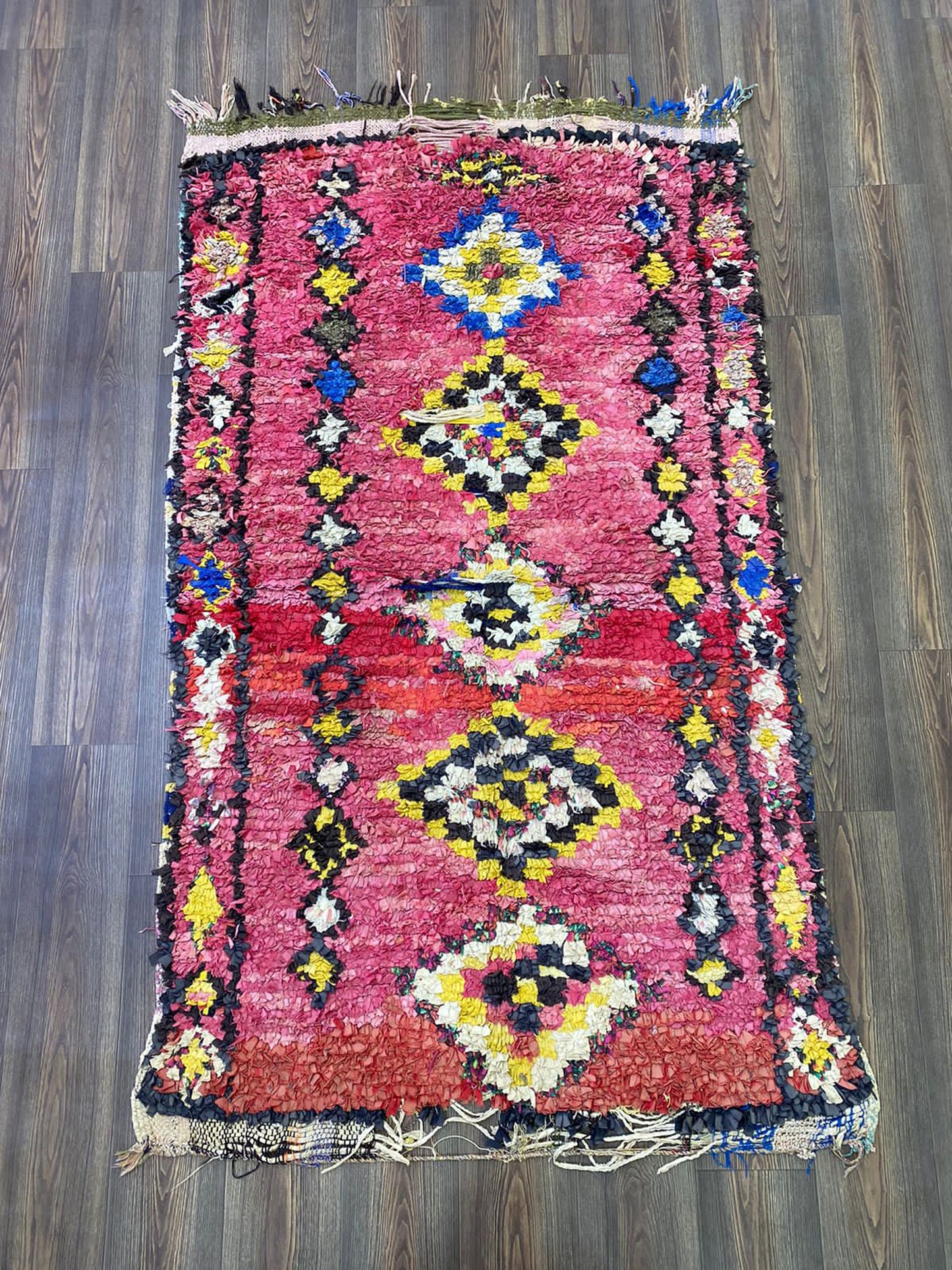 4x7 Magenta Boucherouite vintage Shag Rug. Moroccan Berber runner Rugs.