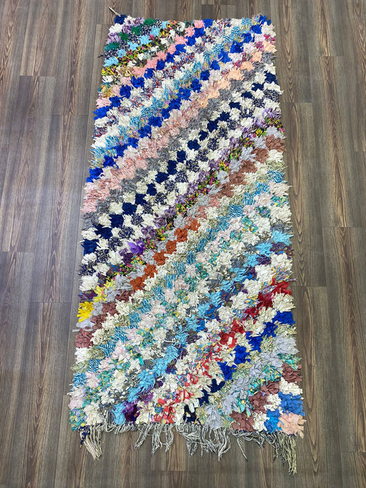 Checkered colorful vintage Boucherouite runner Rug. 3x7 Moroccan Berber old Rare Rugs.