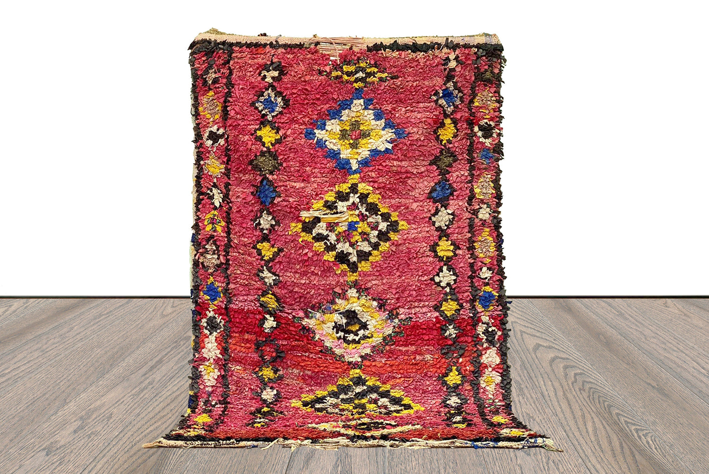 4x7 Magenta Boucherouite vintage Shag Rug. Moroccan Berber runner Rugs.