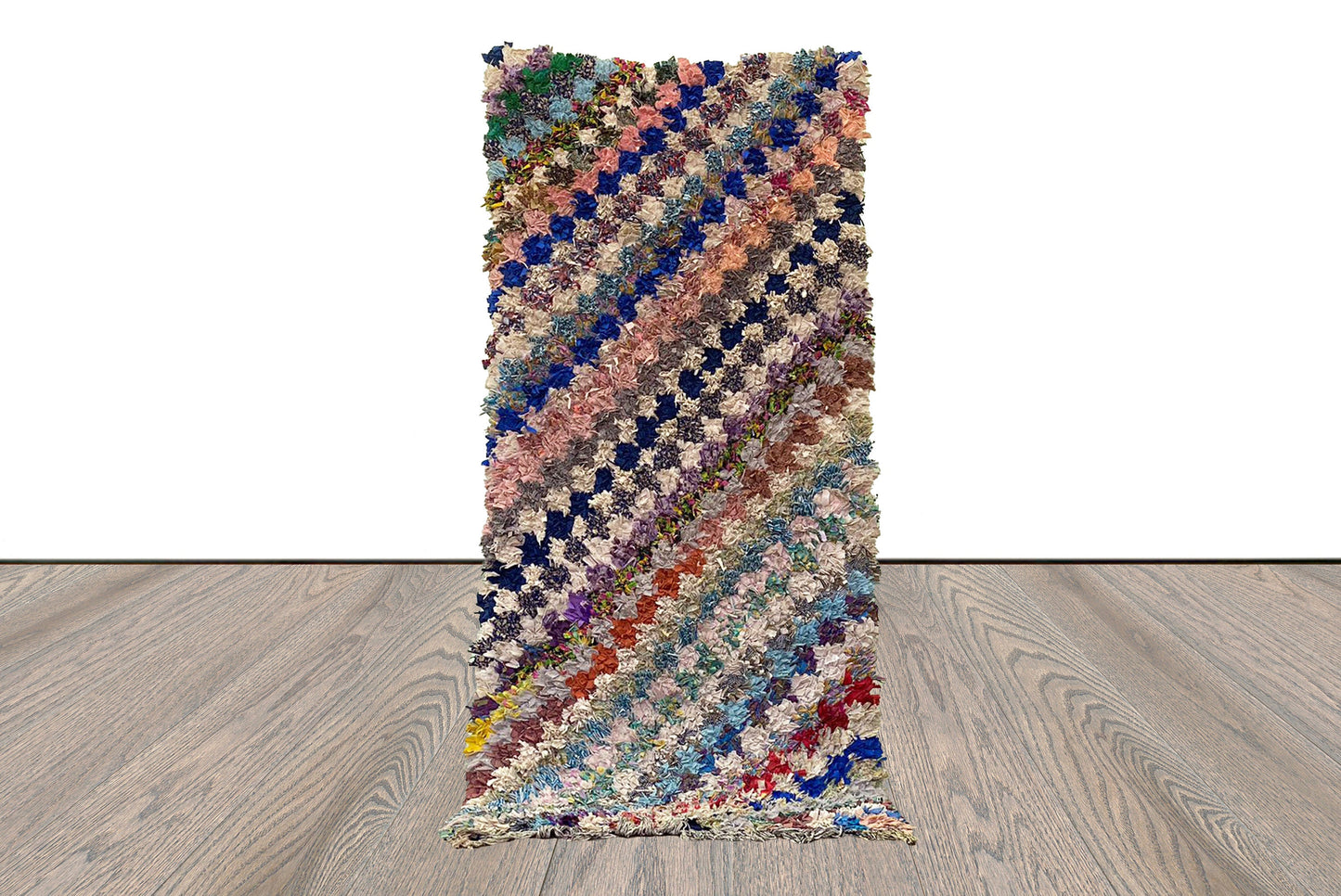 Checkered colorful vintage Boucherouite runner Rug. 3x7 Moroccan Berber old Rare Rugs.
