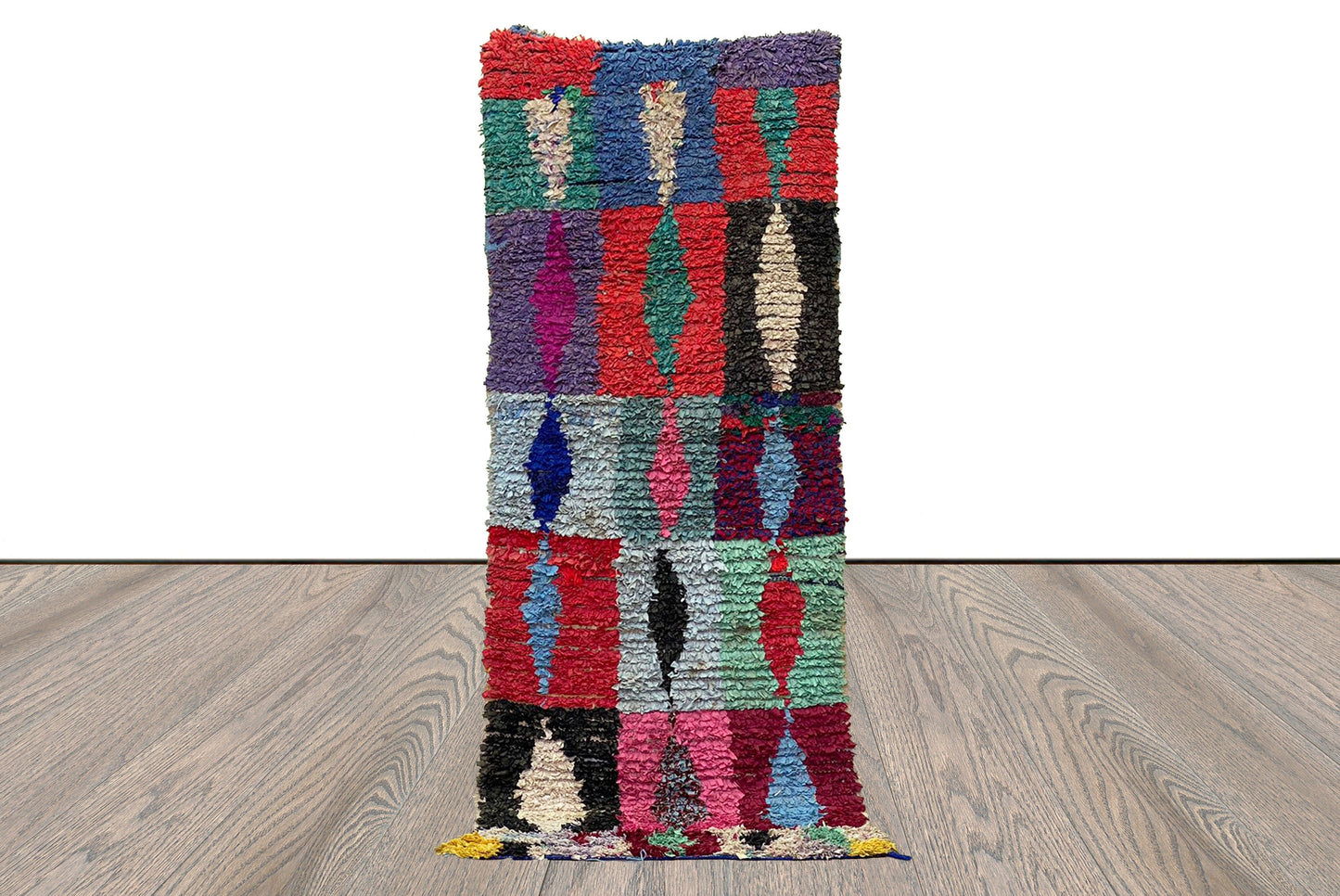 3x8 Boucherouite runner Rugs, Moroccan Berber Hand Woven vintage Colored Rug.