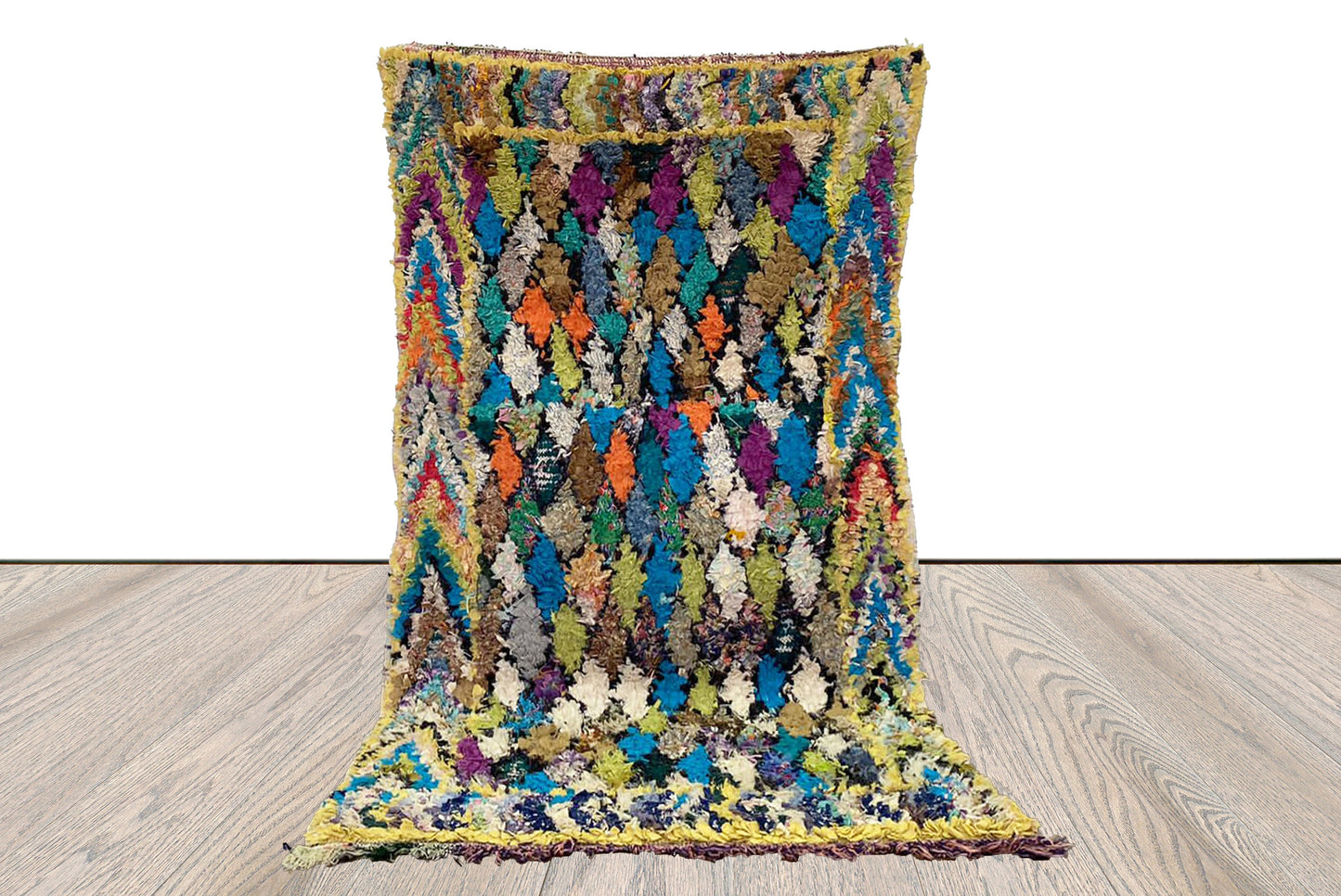 3 x 6 ft Boucherouite small vintage boho diamond area Rug. Moroccan Berber colorful Rugs.