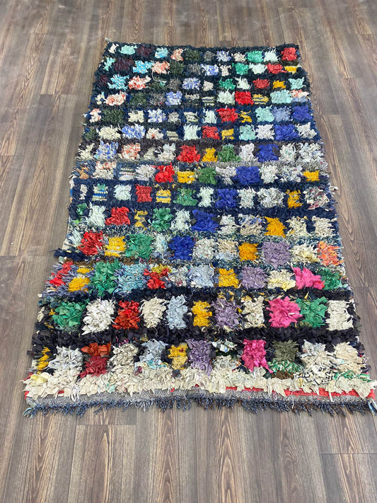 Tapis vintage Boucherouite Grid, 4x7, grand tapis tissé berbère unique.
