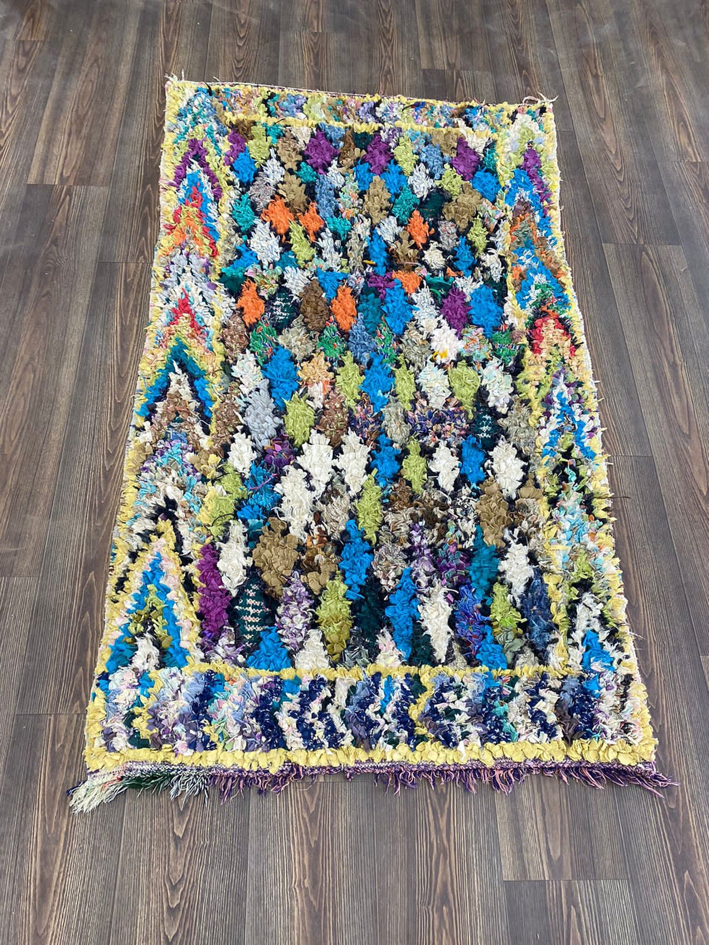 3 x 6 ft Boucherouite small vintage boho diamond area Rug. Moroccan Berber colorful Rugs.