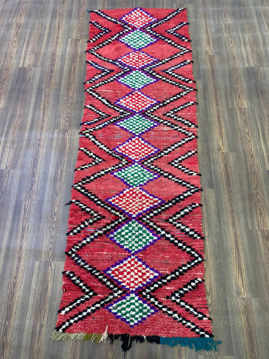 9x3 Moroccan vintage Red runner Rugs, Berber Colorful handwoven Rugs.
