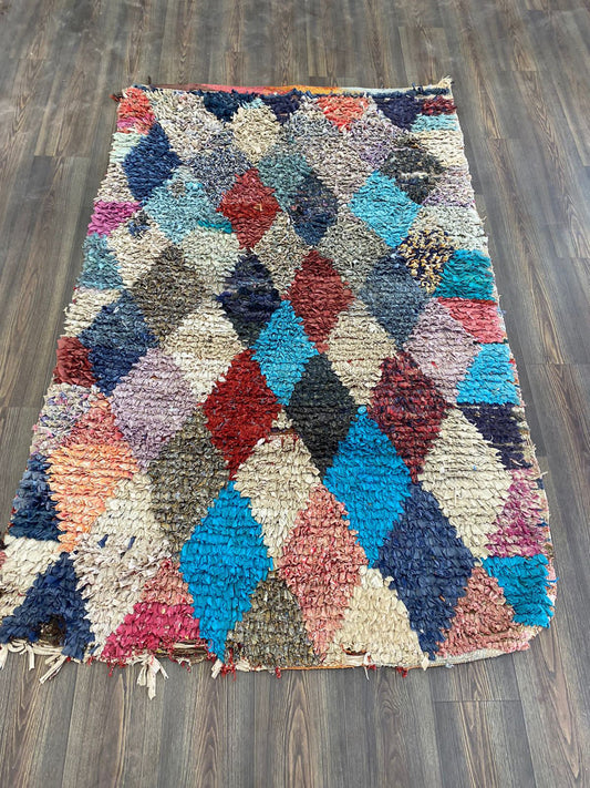 4x6 Berber Boucherouite vintage small shag Rug. Moroccan Colorful Dimond area Rugs.