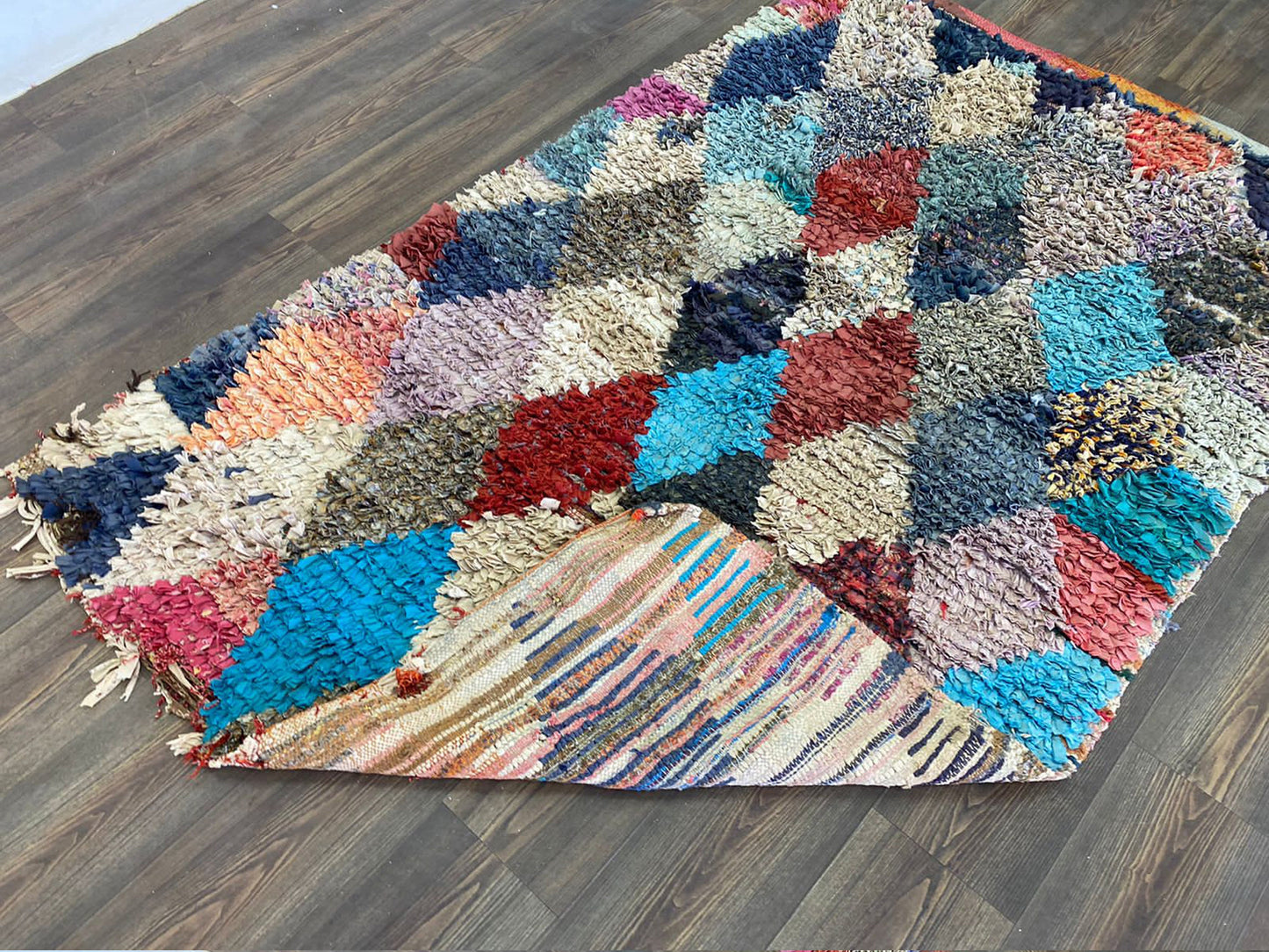 4x6 Berber Boucherouite vintage small shag Rug. Moroccan Colorful Dimond area Rugs.
