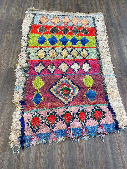 Boucherouite Moroccan Diamond 4x7 ft Shag Rug, Vintage colorful area Rugs.