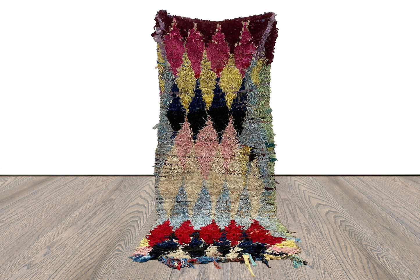 Boucherouite Moroccan Diamond 3x8 ft Shag Rug, Vintage colorful area Rugs.