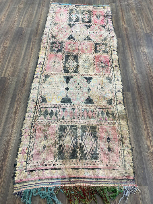 Boucherouite Moroccan old rare Shag runner Rug, Vintage colorful Rugs 4x10.