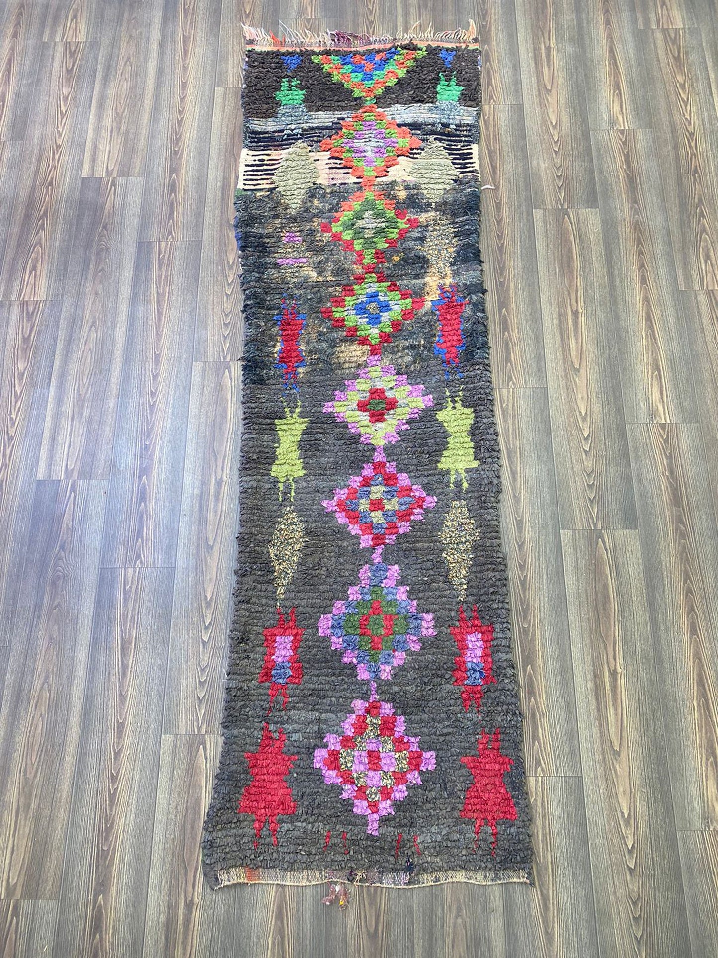 2x8 Boucherouite narrow runner Rug, Moroccan woven Berber checker Rugs.
