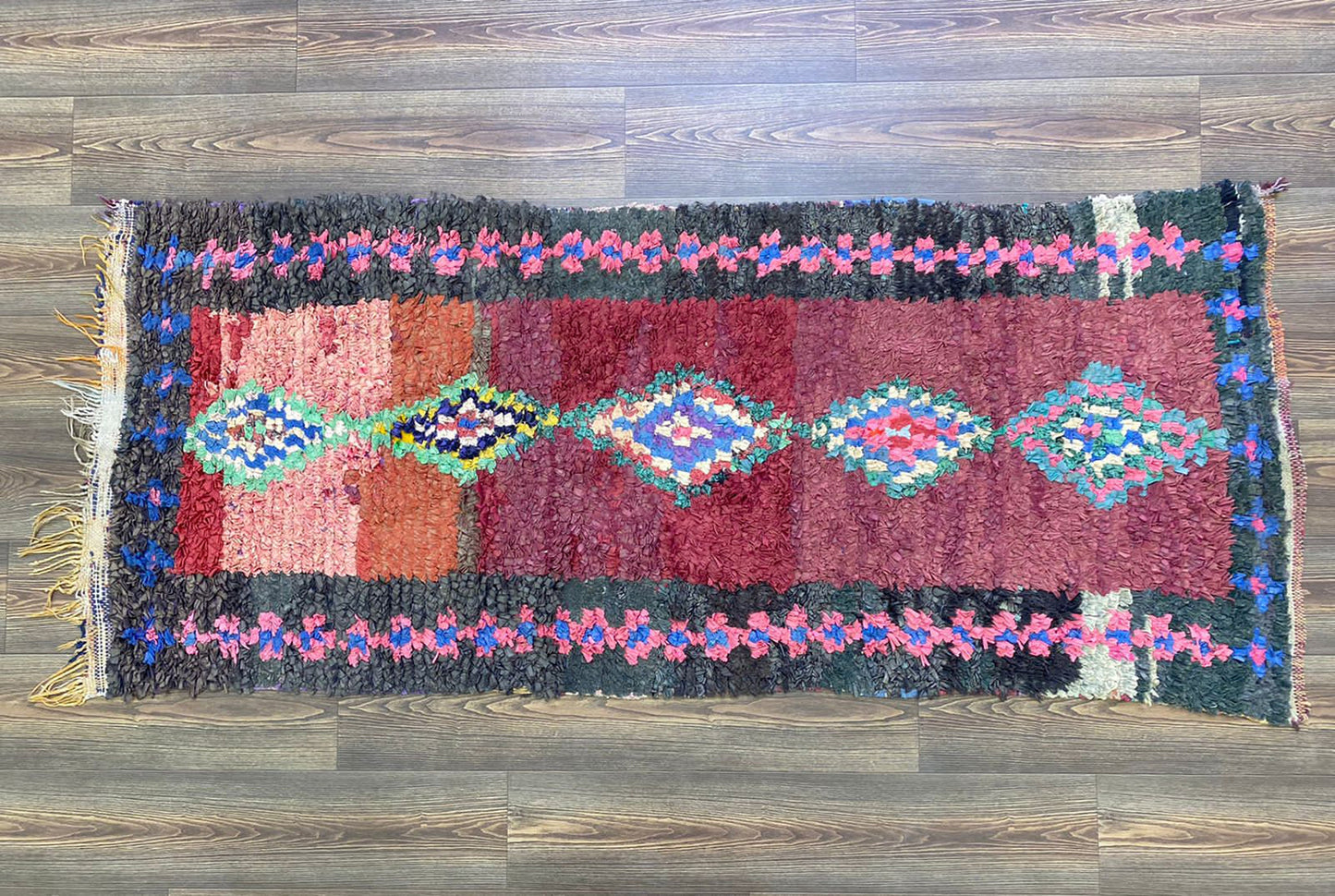 Boucherouite shag runner Rugs, 3x6.5 Moroccan Berber Hand Woven vintage Colored Rug.