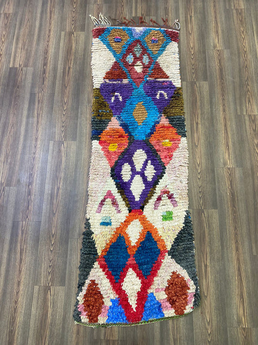 Moroccan Vintage rug, 3x7 FT, narrow Boucherouite colorful runner Rugs, Diamond colored Shag Rug.
