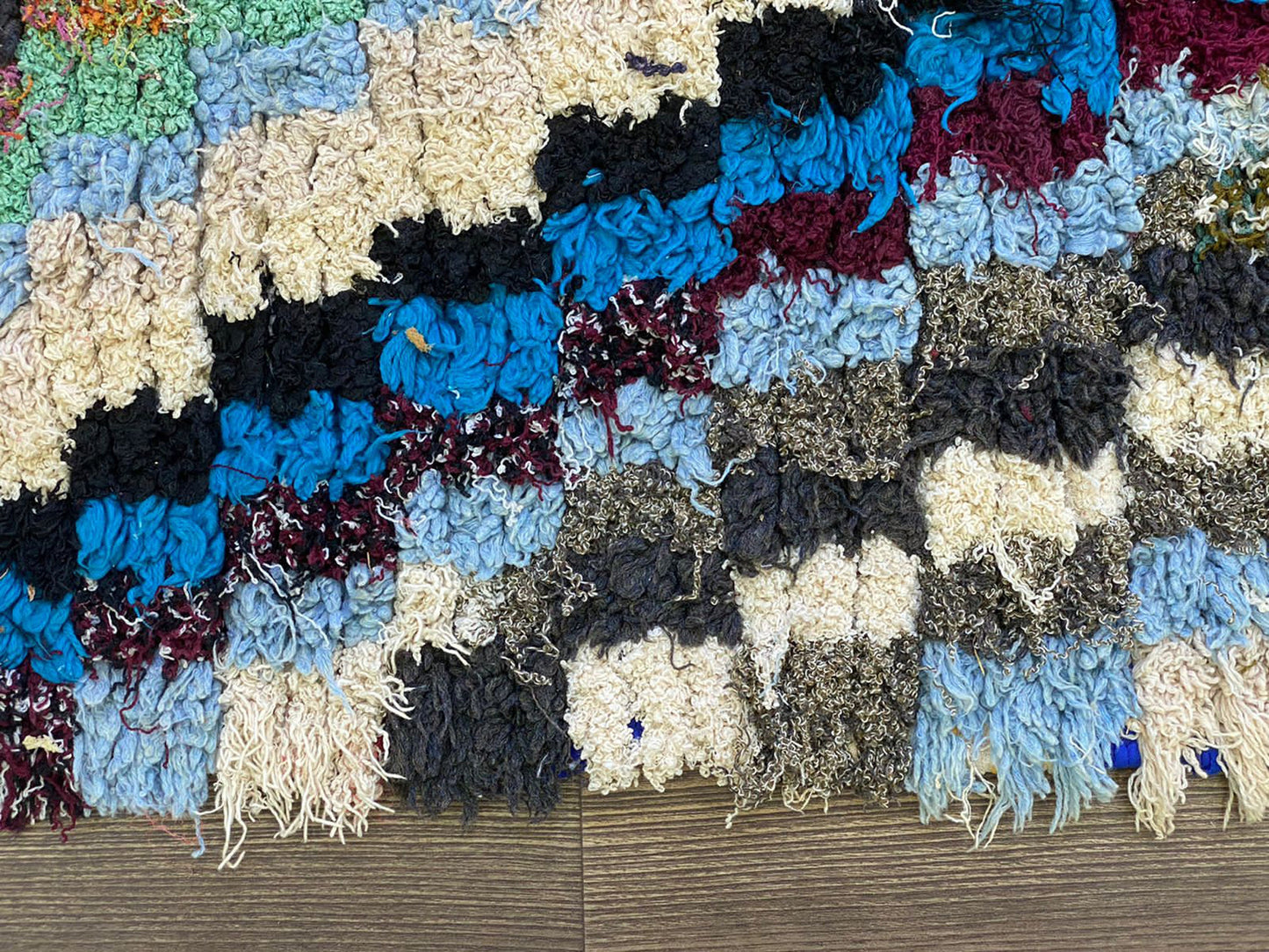 Runner Boucherouite Checkered Rug, 3x8 Moroccan Berber colorful old Rugs.