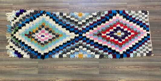 Runner Boucherouite Checkered Rug, 3x8 Moroccan Berber colorful old Rugs.