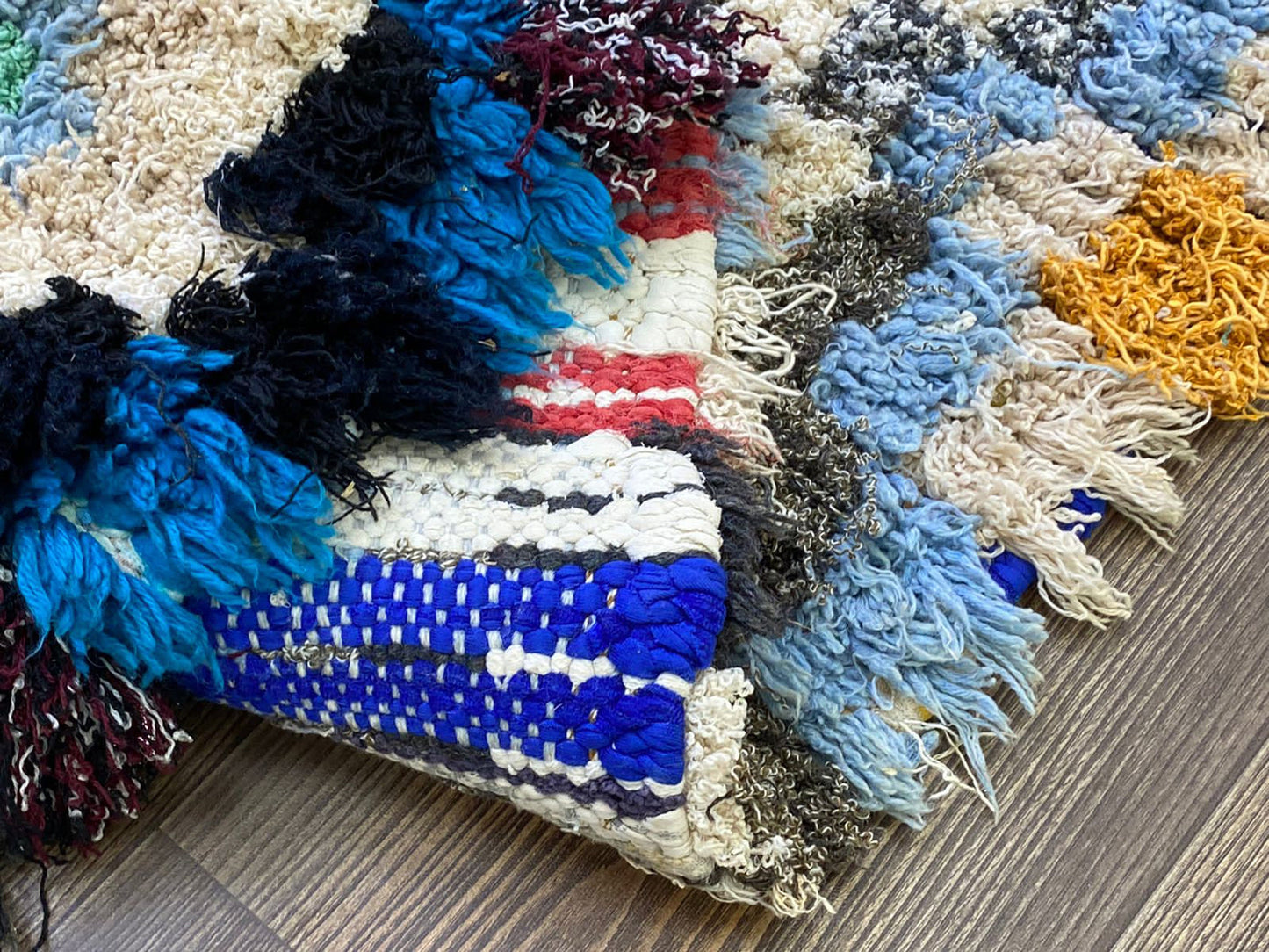 Runner Boucherouite Checkered Rug, 3x8 Moroccan Berber colorful old Rugs.