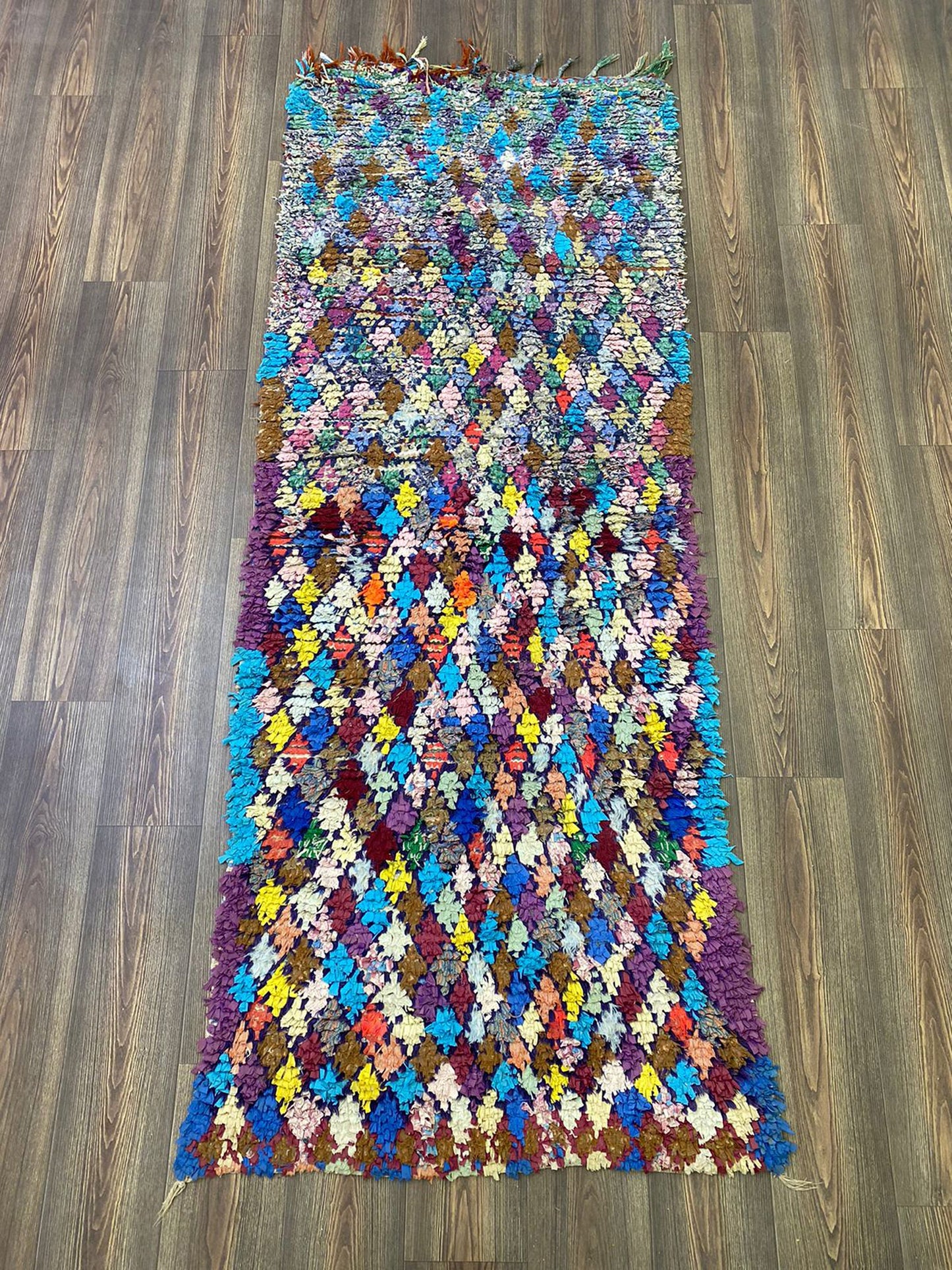 Boucherouite rug, vintage runner rugs, 3x8 FT, handwoven Diamond Colorful Rug, Moroccan Berber Rugs.