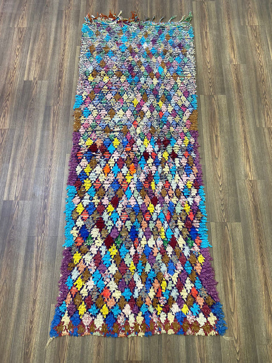 Tapis Boucherouite, tapis de couloir vintage, 3x8 FT, tapis coloré en diamant tissé à la main, tapis berbères marocains.
