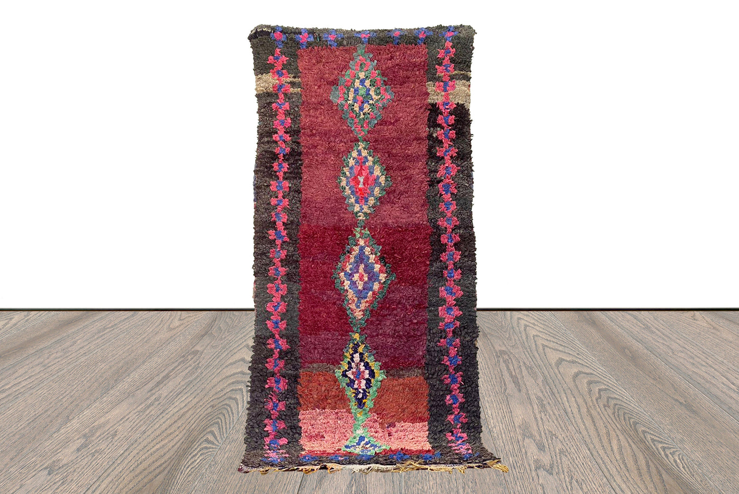 Boucherouite shag runner Rugs, 3x6.5 Moroccan Berber Hand Woven vintage Colored Rug.