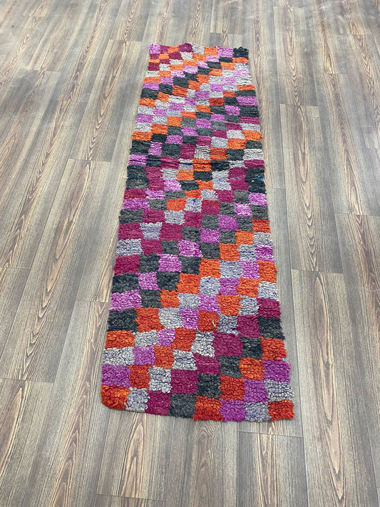 Tapis marocains colorés étroits, 2x7 pieds, tapis à carreaux vintage long.