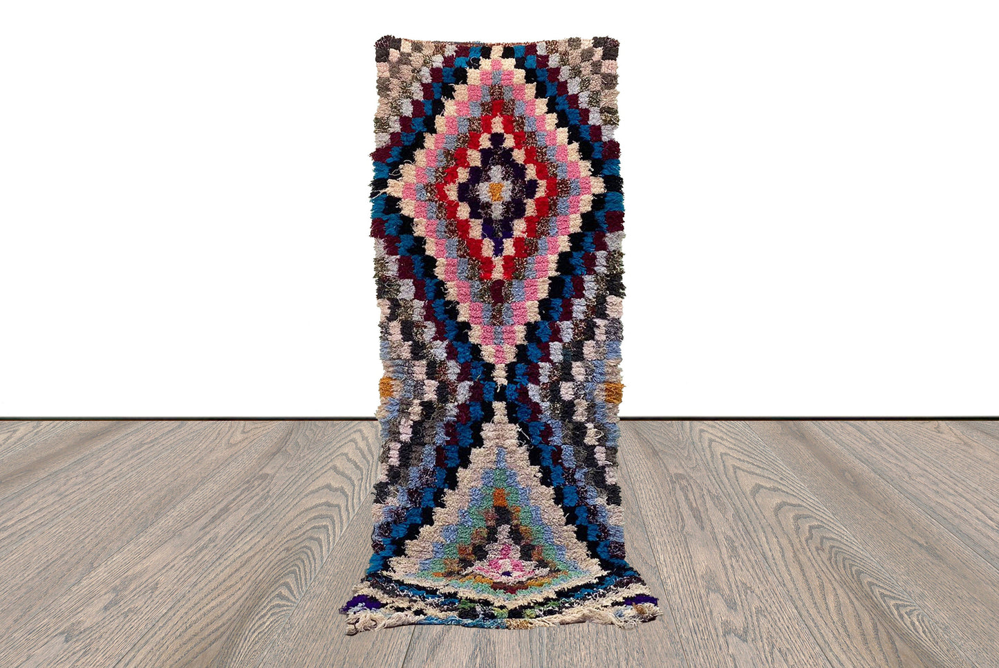 Runner Boucherouite Checkered Rug, 3x8 Moroccan Berber colorful old Rugs.